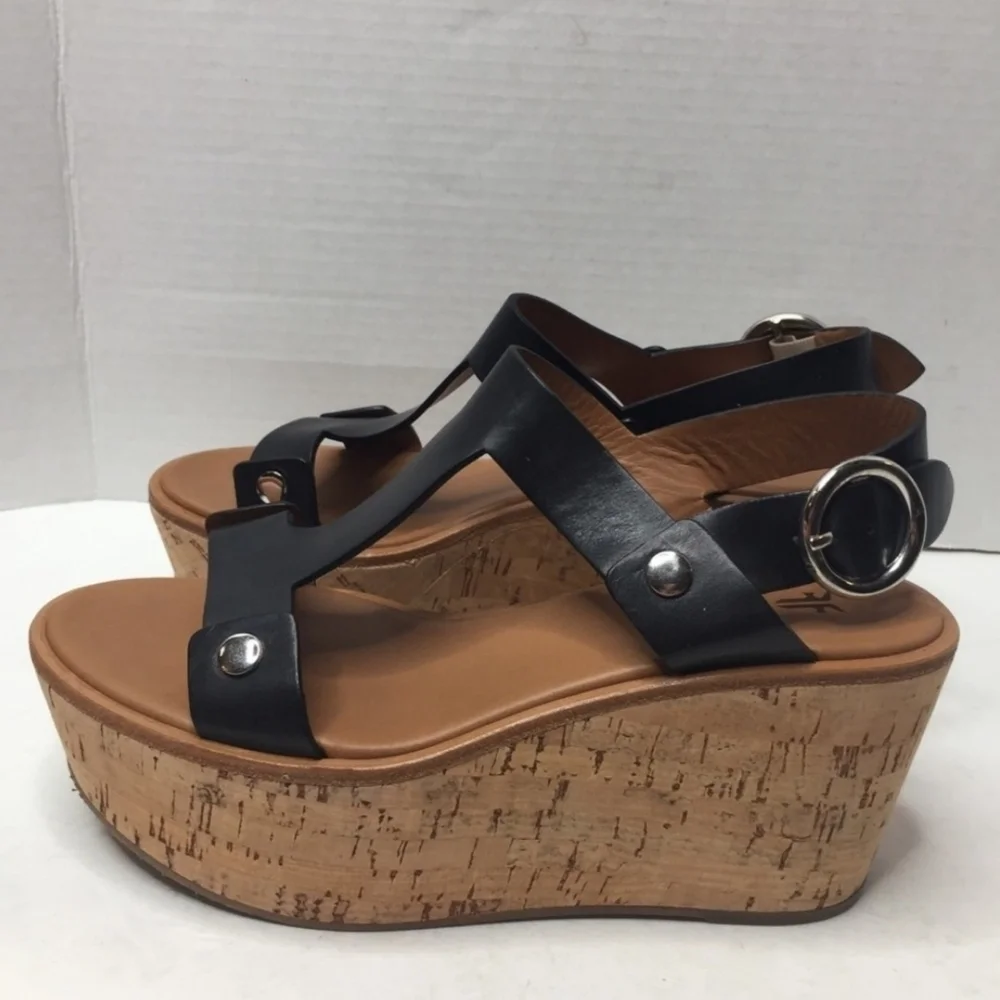 FRYE // dahlia black leather upper rivet detail platform cork wedge sandals
